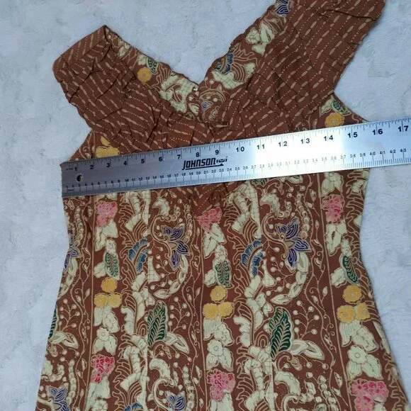 Batik Keris Womens Cotton Brown Floral Off Shoulder Shift Dress Small Sleeveless - Picture 4 of 5